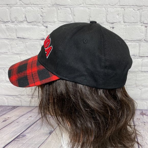 Canada Hat Cap Strap Back Red Plaid Bill Spell Out Embroidered 100% Cotton - Picture 4 of 8